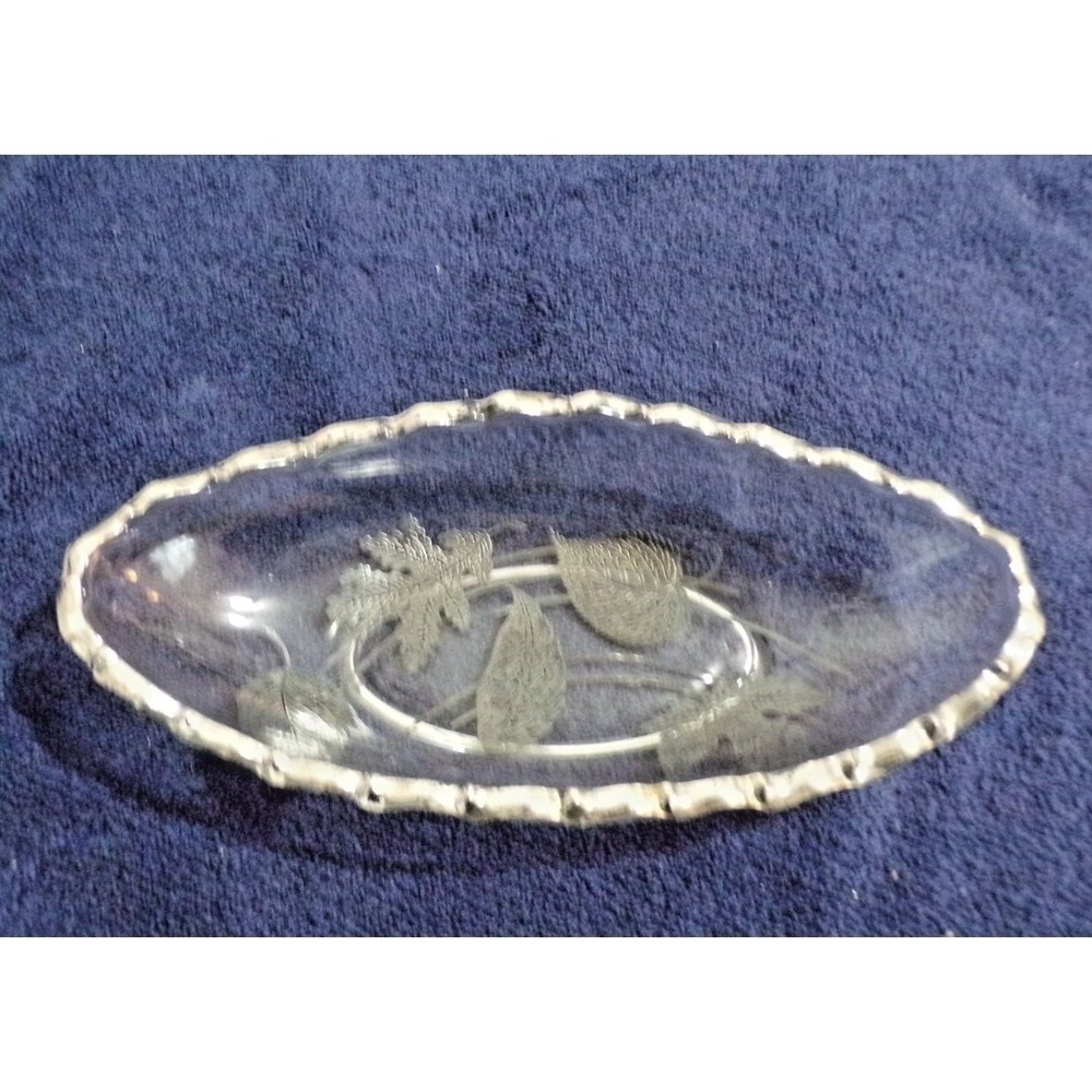Vintage MCM Overlay Glass Serving Dish w/Silver Scalloped Edge and Leaf Overlay